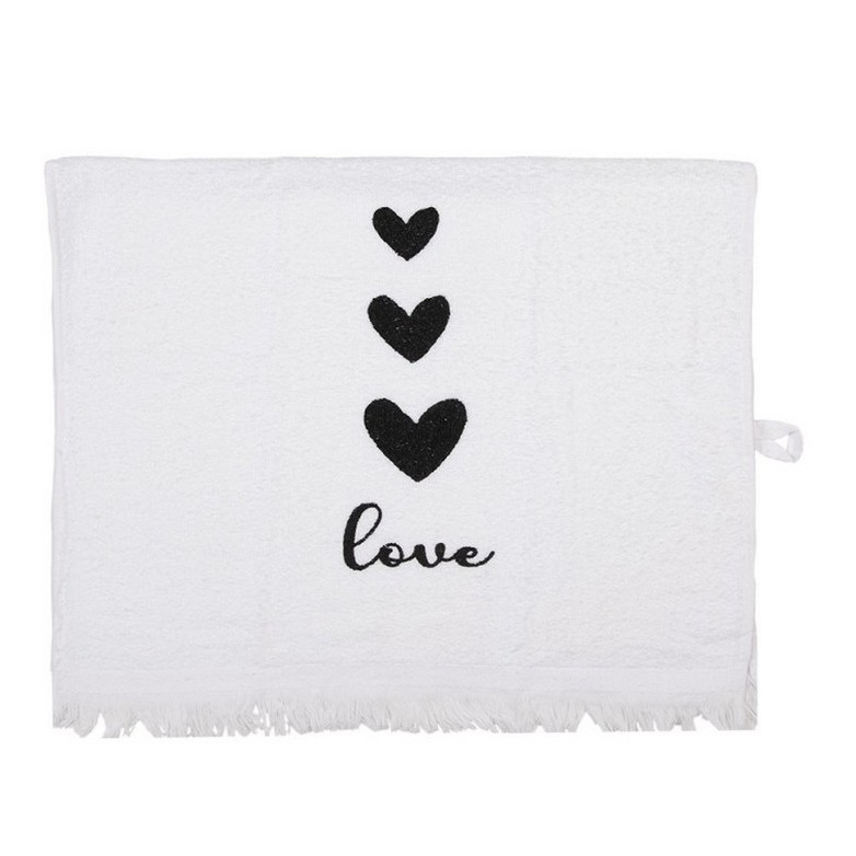 Strofinaccio bianco in cotone decorato con cuori e scritta “Love”, utilizzabile anche come asciugamano